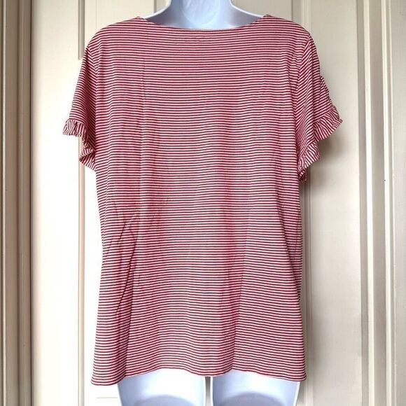 Ann Taylor Loft Red and White Striped Cotton Ruffle Sleeve T-Shirt - Picture 2 of 9